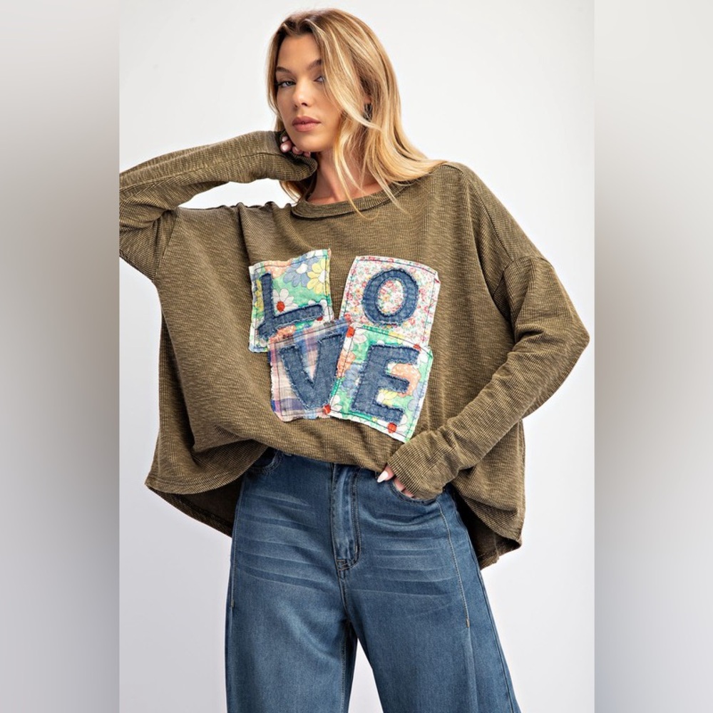 0003 Easel Olive Green Love Graphic Top
